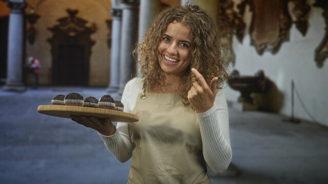 Woman smiling holding chocolate muffins on wooden tray pointing finger to cheek in building; homey joyful.