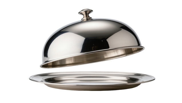 Isolated elegant silver cloche and serving platter set for upscale dining or meal presentation