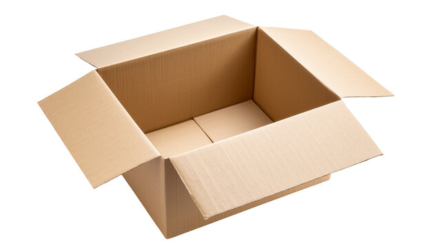 Isolated empty open corrugated cardboard delivery box with top flaps extended, ready for packaging