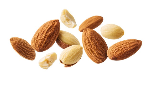 Isolated flying raw and blanched almonds with skin, whole and broken pieces, healthy snack