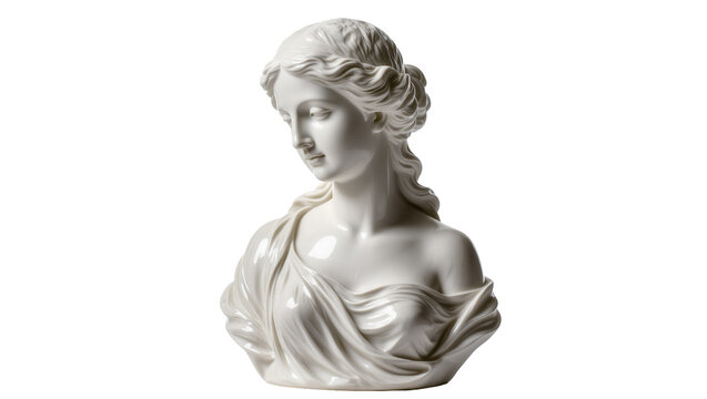 Isolated beautiful ceramic bust sculpture of a serene woman, ancient Greek Roman style artwork