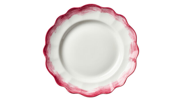 Isolated elegant white plate with scalloped edge and artistic brushed red fuchsia rim design