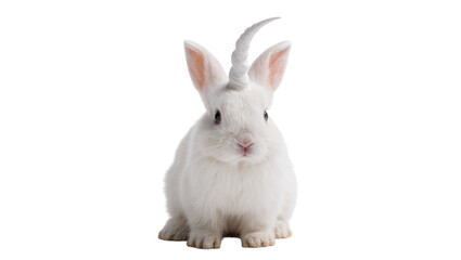Fototapeta premium Isolated charming fluffy white rabbit with a whimsical unicorn horn, magical creature concept.