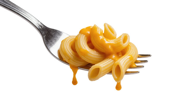 Isolated delectable serving of creamy macaroni and cheese on a fork, rich sauce dripping