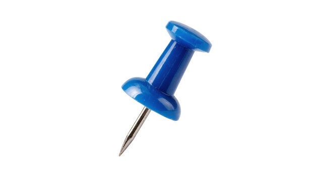Isolated blue pushpin thumbtack, office and school stationery item, sharp pointed pin