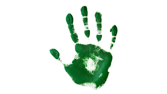 Isolated vibrant green paint handprint on a surface, artistic textured impression of a human palm.