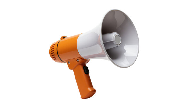 Isolated orange and white megaphone for public announcement and voice amplification device