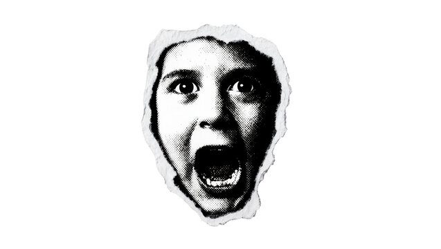 Isolated frightened child's face screaming in halftone style with rough paper border
