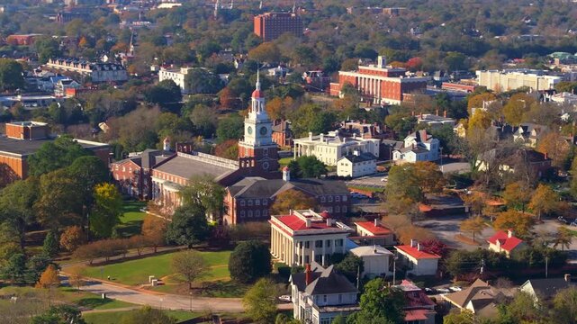 Aerial cityscape of downtown Macon featuring the historic campus of Mercer University School of Law, an important landmark of legal education in the southern United States.