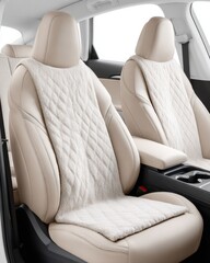 Naklejka premium Beige leather car interior with quilted plush seat covers on front seats in modern vehicle cabin