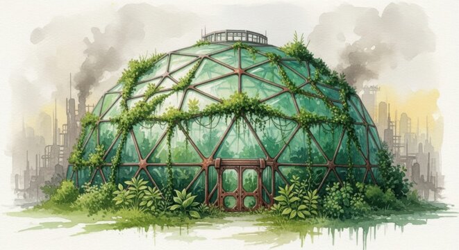 Greenhouse Dome with Overgrown Vines and Industrial Cityscape Watercolor isolated on Transparent Background