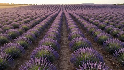 Obraz premium Rows of lavender stretch toward the horizon in soft twilight light, their subtle purple hues creating a dreamy and graceful landscape in the countryside.