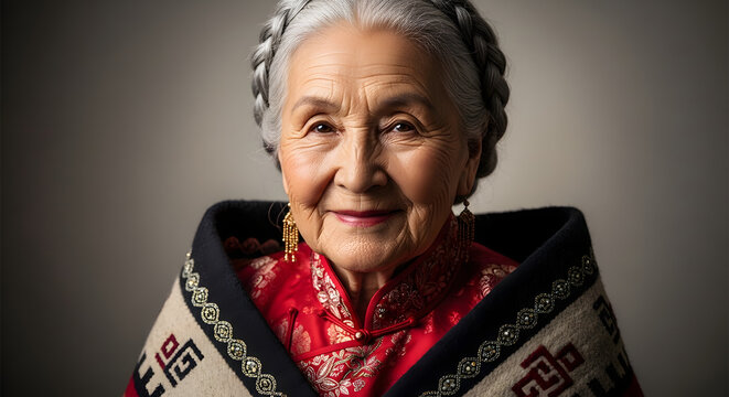 Portrait of a smiling elderly woman with braided grey hair, wearing a red traditional top and a patterned shawl, looking gently at the viewer.