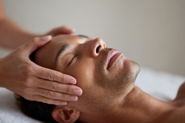 Fototapeta premium Male hispanic adult relaxing during a facial massage with therapist hands on temples in a tranquil spa treatment