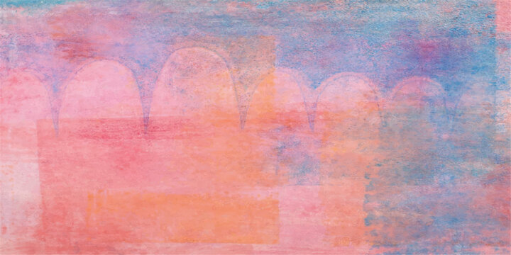 An artistic abstract watercolor painting features a colorful grunge texture on aged vintage paper with pink and red paint splatters creating a textured pattern for a grungy wall backdrop design