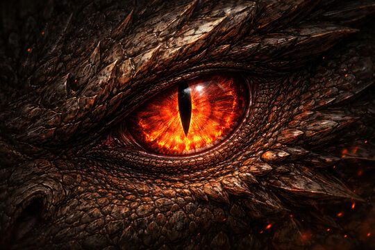 Fiery dragon eye close-up, glowing reptile pupil in dark scales, fantasy creature macro