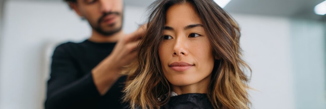 Adult asian female at hair salon getting a trendy textured shoulder-length wavy haircut from a male stylist in a contemporary salon