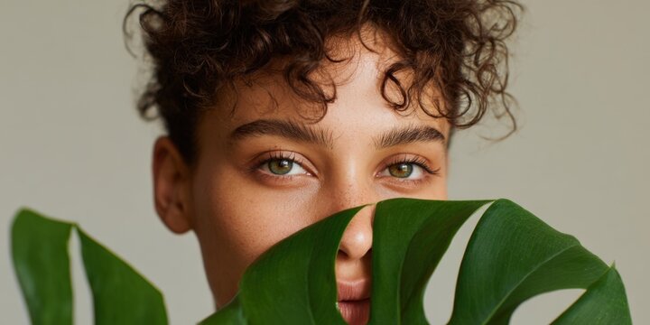 Female african young model peeking over monstera leaf with curly hair green eyes soft natural portrait skincare gaze