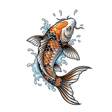 Vibrant orange and white koi fish leaping through splashing water, perfect for a dynamic tattoo vector design