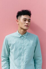 Fototapeta premium Asian male young portrait in pale turquoise shirt against pastel pink wall, thoughtful side glance, clean contemporary styling with short fade haircut and relaxed posture for modern editorial look