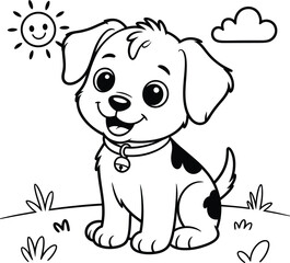 Fototapeta premium A cute black and white puppy sitting on a sunny day with a cloud in the sky and grass on the ground