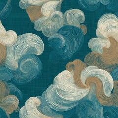 Abstract flowing scroll pattern creating dynamic waves. Seamless repeating organic pattern with swirling lines in blue and beige tones