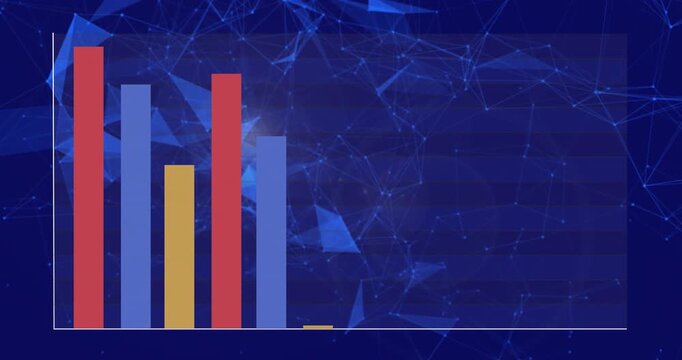 Animating bar chart showing red, light-blue, yellow bars on dark network with white axis and base