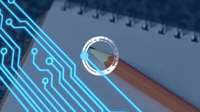 Neon circuit expanding, scanning pencil tip with rotating ring, then retracting into glyph for tech