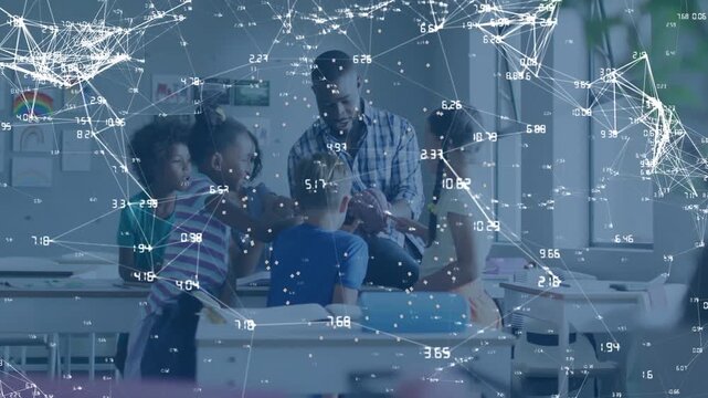 Teacher showing model, children reaching and handling for education, overlay annotating model