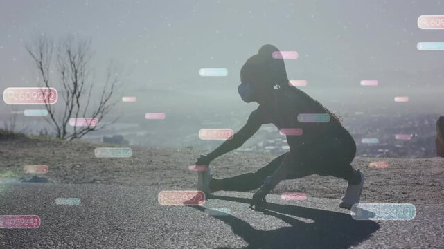 Woman athlete starting crouch on hill road, stretching to bottle, warming fitness as bars drifting