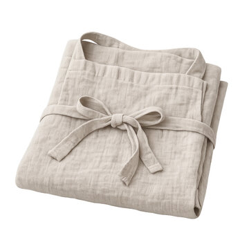 Folded Natural Linen Apron in Beige with Tied Bow, High-Quality Soft Fabric Texture for Kitchen, Cooking, or Gardening, Isolated on Transparent Background for Professional Product Design Use.