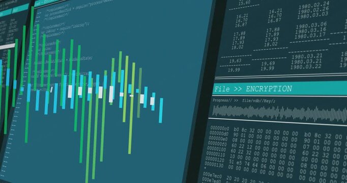 View panning, angled monitors pulsing waveform bars at console, File  ENCRYPTION processing