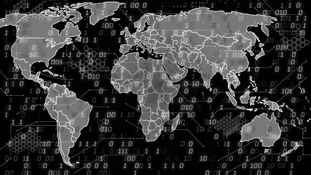 Global map evolving, binary digits initiating fill, lines linking borders, showing tech data flow