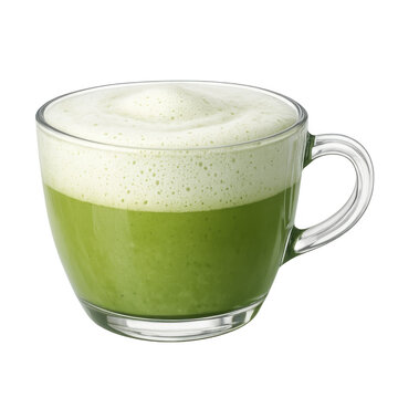 Matcha Latte in a Clear Glass Cup with Fine Foam Texture and Creamy Green Tea Layer, Healthy Japanese Beverage Isolated on Transparent Background for Food and Drink Design Projects.
