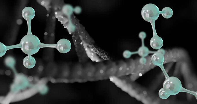 DNA helix rotating while teal clusters entering frame and drifting on black backdrop for biotech