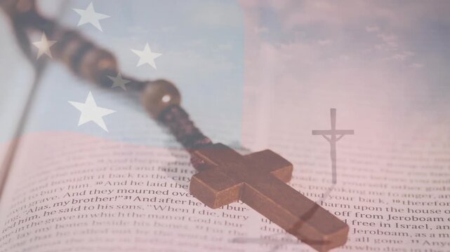 Wooden cross pendant resting on open Bible, frames shifting flag overlays altering tint and focus