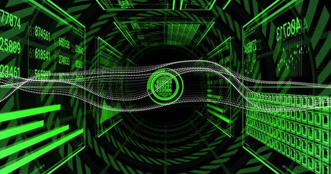 Data burst driving waveform peaking then calming in HUD tunnel, updating panels for analytics