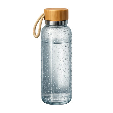 Reusable glass water bottle with natural bamboo lid and rope handle, covered in fresh condensation droplets for cold hydration, eco-friendly product isolated on transparent background.
