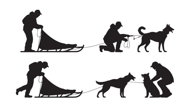 Silhouette Of Man Pulling Sled With Dog For Winter Sports And Adventure Concepts