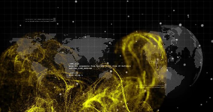Dotted map and globe hosting yellow plume emerging, forming ribbons and creating tech visual data