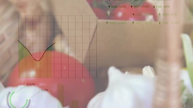 Opening shot on garlic starting overlays, camera shifting right revealing tomatoes showing data
