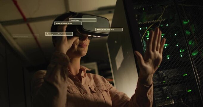 Woman lifting VR headset floating UI appearing reaching toward server rack and confirming tests