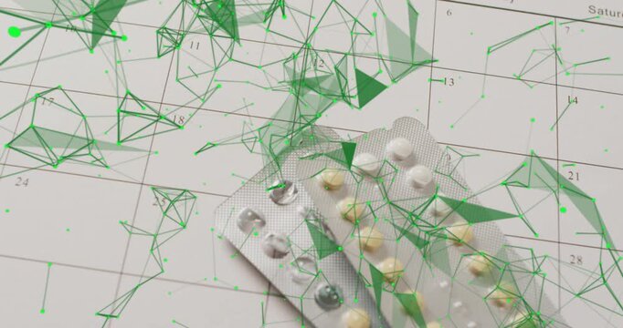 Sweeping green mesh revealing two blister packs on monthly calendar, exposing tablets