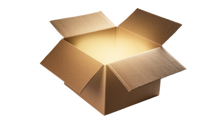 Isolated open shipping carton with bright magical glowing light emanating from inside © Martina