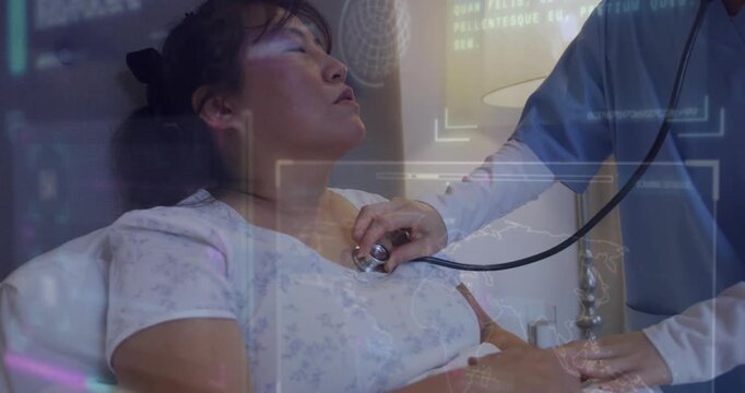 Clinician placing stethoscope, listening and palpating female patient during bedside exam with HUD