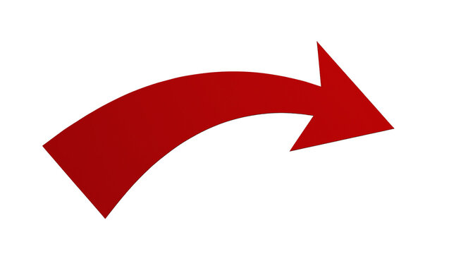 Isolated curved red arrow pointing right, depicting direction, return, or next step