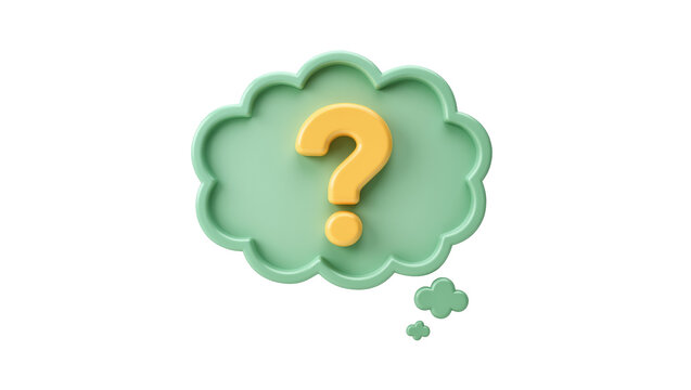 Isolated rendered thought bubble with a large yellow question mark for doubts and thinking