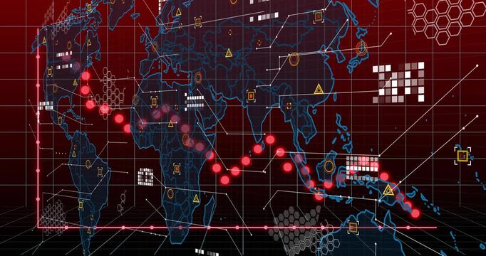 Global route animation hotspot pulsing, sending red nodes east across map HUD tracking near Oceania