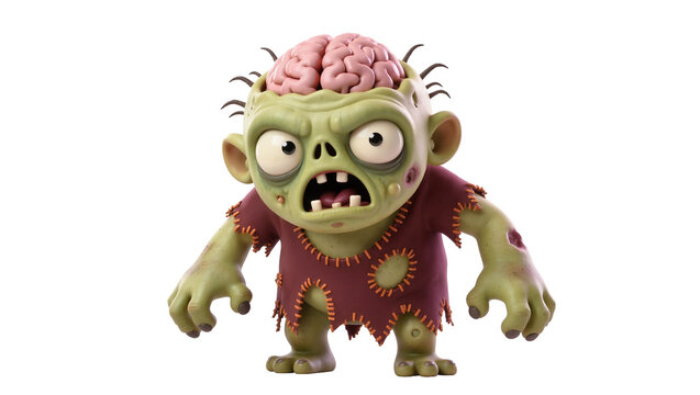 Isolated funny cartoon zombie character with exposed brain and torn clothes, ideal for Halloween.