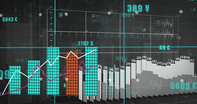 Currency appearing on grid, driving finance bars rising, mapping white magenta trends for analysis